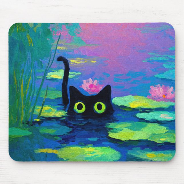 Mousepad Gato Negro Engraçado Nadando Pond | Quirky Art (Frente)