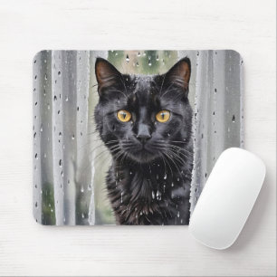 Mousepad Gato Negro Olhando para Fora da Janela Molhada