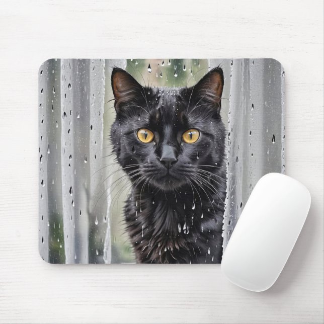 Mousepad Gato Negro Olhando para Fora da Janela Molhada (Com mouse)