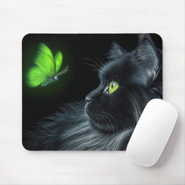 Mousepad Gato Negro Olhando para uma borboleta verde brilha (Com mouse)