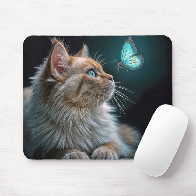 Mousepad Gato olhando para uma borboleta Neon (Com mouse)