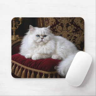 Mousepad Gato Persa Branco em uma Almofada de Veludo de uma