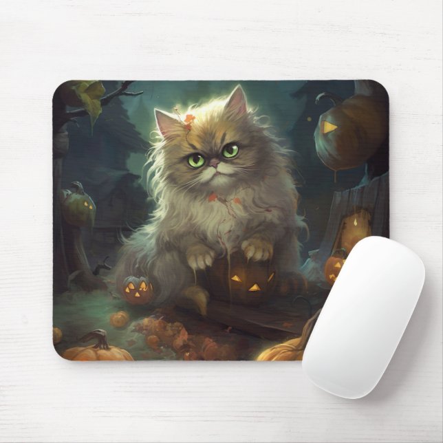 Mousepad Gato Persa do Halloween Com Pumpkins Assustado (Com mouse)
