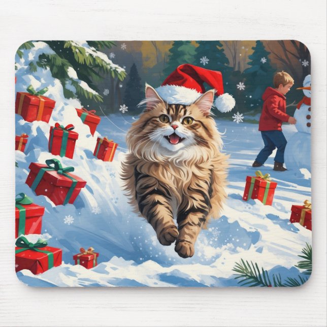 Mousepad Gato Persa Sentado na Neve com Chapéu de Natal (Frente)