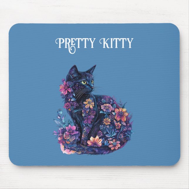 Mousepad Gato Preto Azul Flores Gatinho Bonito (Frente)
