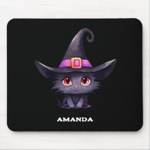 Mousepad Gato preto bonito Vestindo chapéu de bruxa