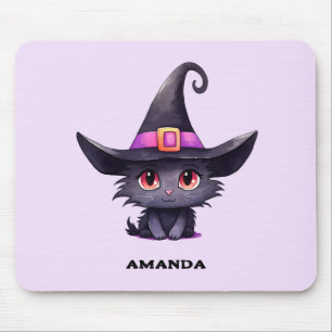 Mousepad Gato preto bonito Vestindo chapéu de bruxa
