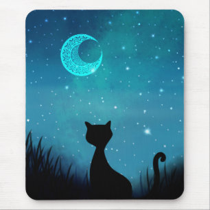 Mousepad gato preto céu estrelado