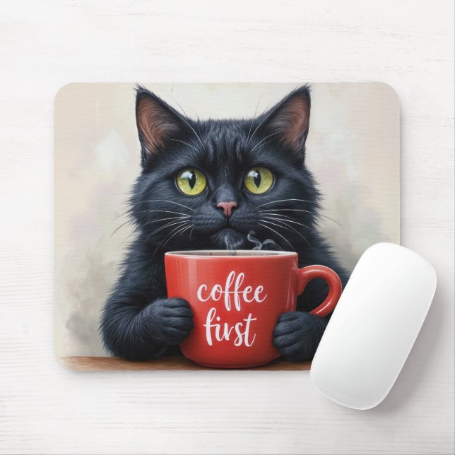 Mousepad Gato Preto Com Cota De Café Divertida (Com mouse)