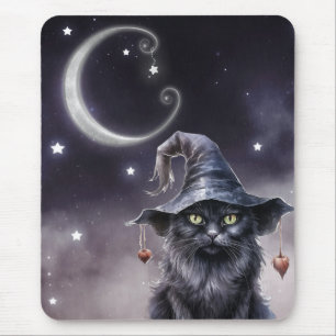 Mousepad Gato Preto de Halloween Vestindo um Chapéu de Brux