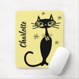 Mousepad Gato Preto de Meados do Século em Fundo Dourado 