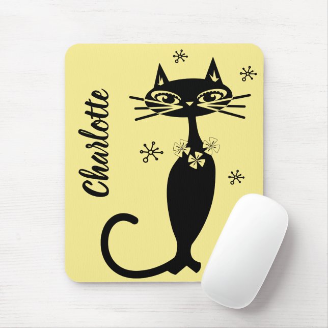 Mousepad Gato Preto de Meados do Século em Fundo Dourado  (Com mouse)