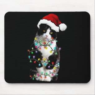 Mousepad Gato Preto de Smoking Fofo Luz de Natal Gato Natal