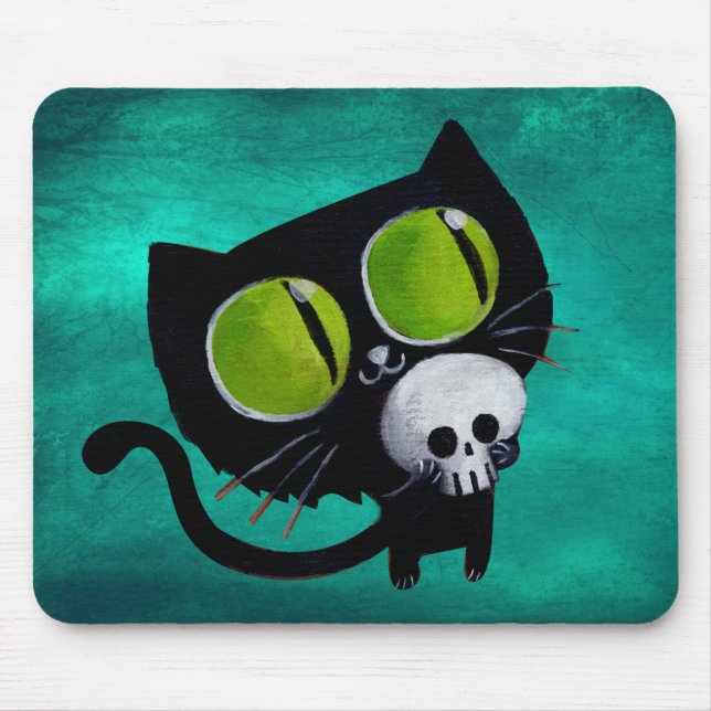 Mousepad Gato preto do Dia das Bruxas com crânio (Frente)