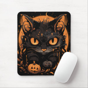 Mousepad Gato Preto do Halloween com Pumpkins e Lua