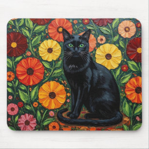 Mousepad Gato Preto e Flores de Arte Popular Colorida