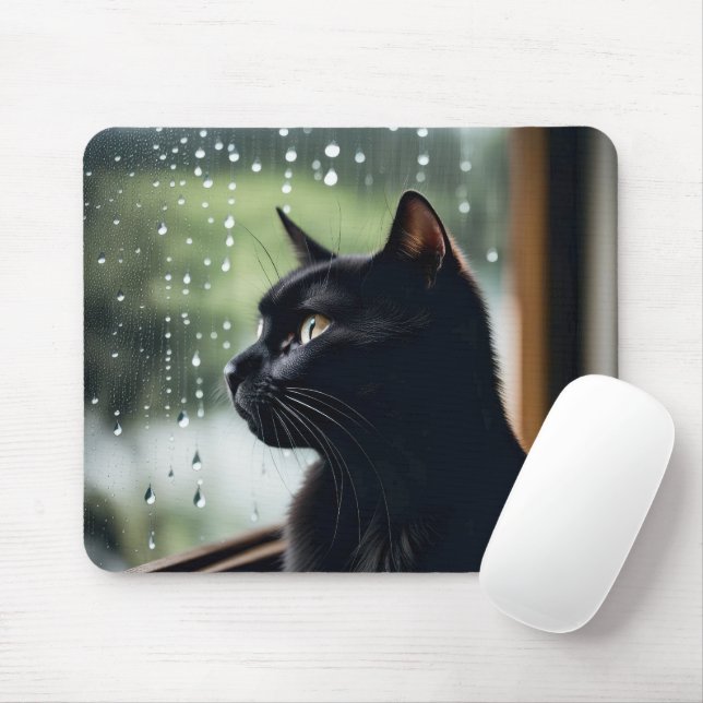 Mousepad Gato Preto Em Janela Chuva (Com mouse)