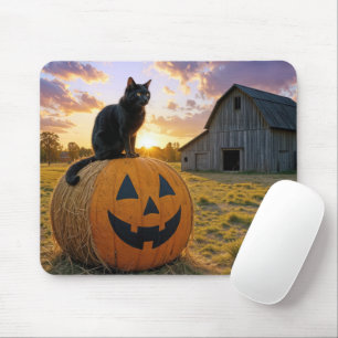 Mousepad Gato Preto Em Um Fardo de Feno de Abóbora