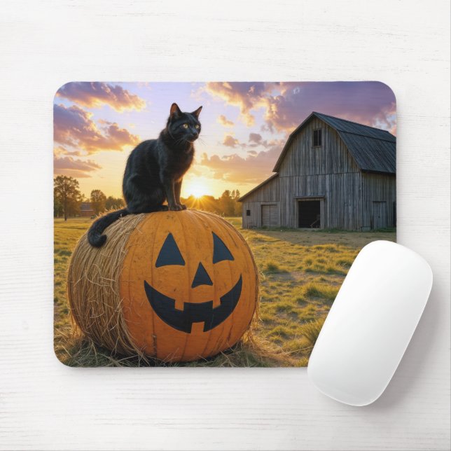 Mousepad Gato Preto Em Um Fardo de Feno de Abóbora (Com mouse)