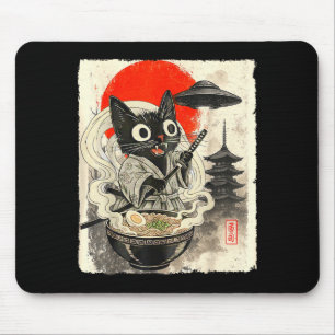 Mousepad Gato Preto Engraçado Ramen Alien Ufo Abdução Japon