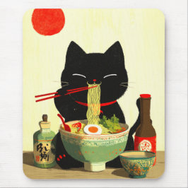 Mousepad Gato Preto Feliz Comendo Ramen | Ukiyo-e Japonês