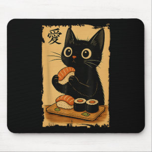 Mousepad Gato Preto Fofo Kawaii Comendo Sushi Japonês Engra