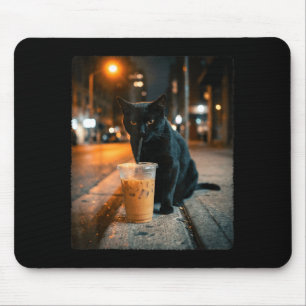 Mousepad Gato preto legal bebendo café gelado animal engraç