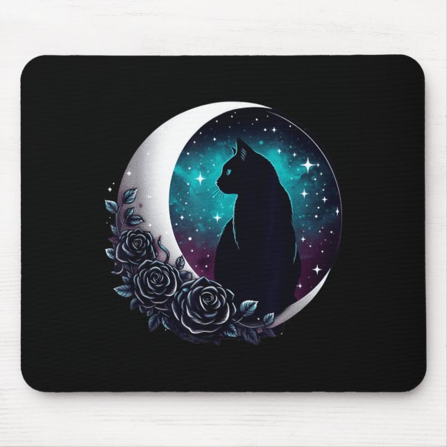 Mousepad Gato Preto Místico Com Lua E Rosas Celestiais (Frente)