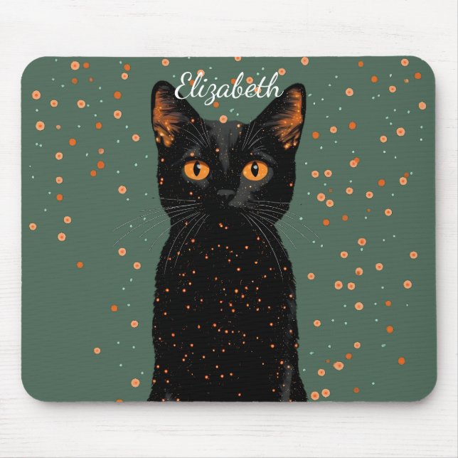 Mousepad Gato Preto Místico com Olhos Laranja e Brilho (Frente)