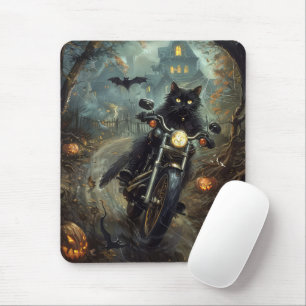 Mousepad Gato Preto Pilotando Moto Halloween Assustador