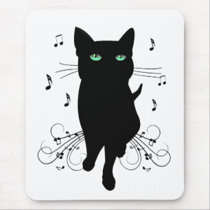 Mousepad Gato Preto Rodeado por Notas Musicais Sussurrantes