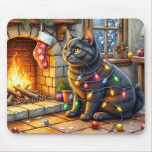 Mousepad Gato Preto Sentado ao Lareira com Luzes de Natal
