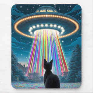 Mousepad Gato Psicodélico e OVNI Arte Engraçada De Abduçã