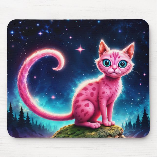 Mousepad Gato rosa fantástico na floresta mágica estelar no (Frente)
