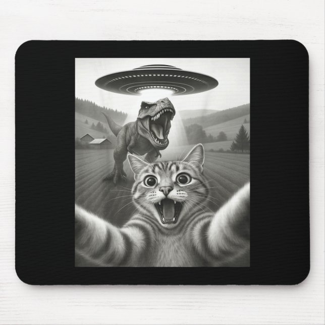 Mousepad Gato Selfie Com Alien Ufo &amp; T-rex Dinossauro D (Frente)