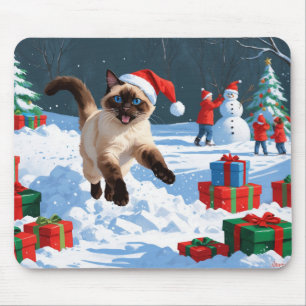 Mousepad Gato Siames Correndo na Neve com Chapéu de Natal