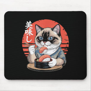 Mousepad Gato siamês japonês comendo sushi Kawaii Anime Cat