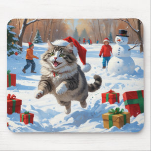 Mousepad Gato Siberiano Correndo na Neve com Chapéu de Nata