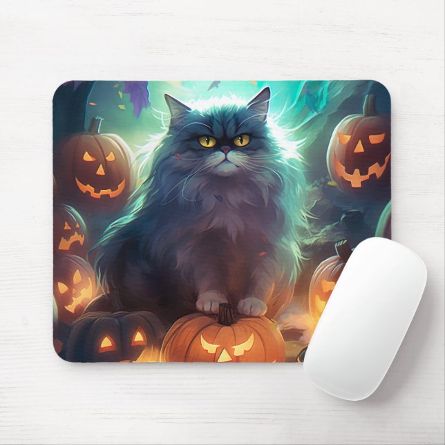 Mousepad Gato Siberiano De Halloween Com Pumpkins Assustado (Com mouse)