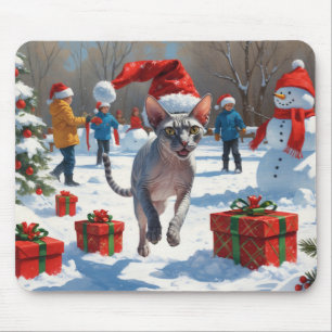 Mousepad Gato Sphynx Correndo na Neve com Chapéu de Natal