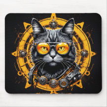 Gato steampunk preto com óculos laranja