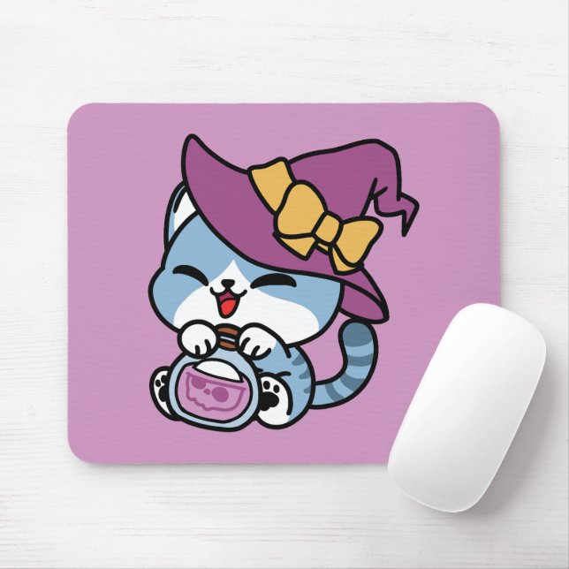 Mousepad Gato Tabby de Halloween – Chapéu de Bruxa e Arte d (Com mouse)