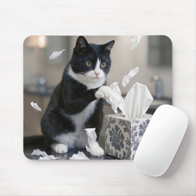 Mousepad Gato Tuxedo Brincando com uma Caixa de Lenços (Com mouse)