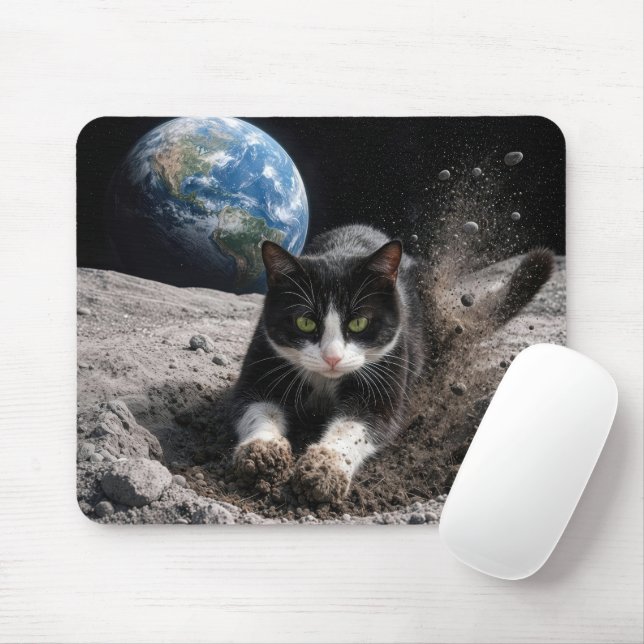 Mousepad Gato Tuxedo Cavando uma Cratera Lunar (Com mouse)