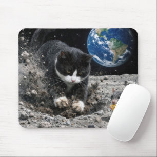 Mousepad Gato Tuxedo Cavando uma Cratera Lunar com Rato