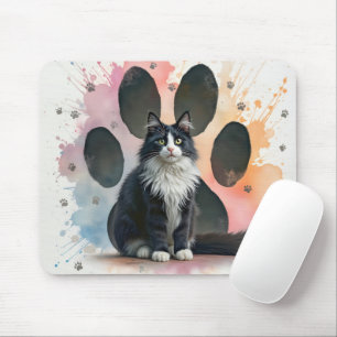 Mousepad Gato Tuxedo Com Desenho de Impressão de Pata em Aq