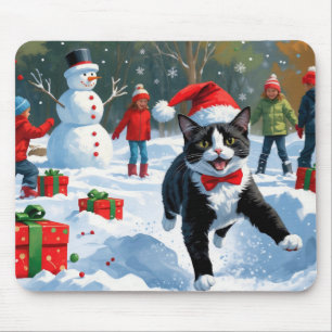 Mousepad Gato Tuxedo Correndo na Neve com Chapéu de Natal