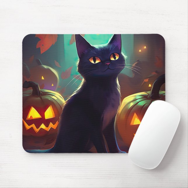 Mousepad Gato Tuxedo de Halloween com Abóboras Assustador (Com mouse)