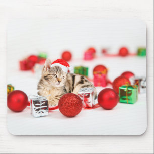 Mousepad Gato usando enfeite de Natal chapéu vermelho de Pa