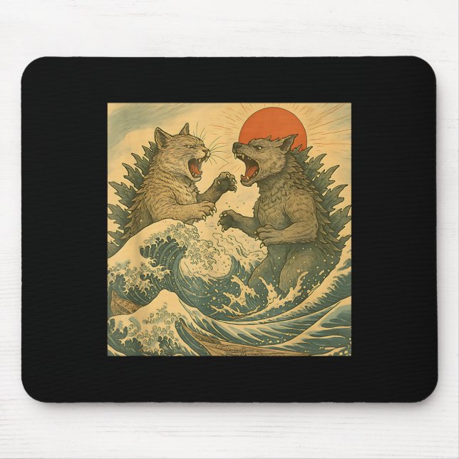 Mousepad Gato Vs Cachorro Kaiju Monstro Japonês Estilo Ukiy (Frente)